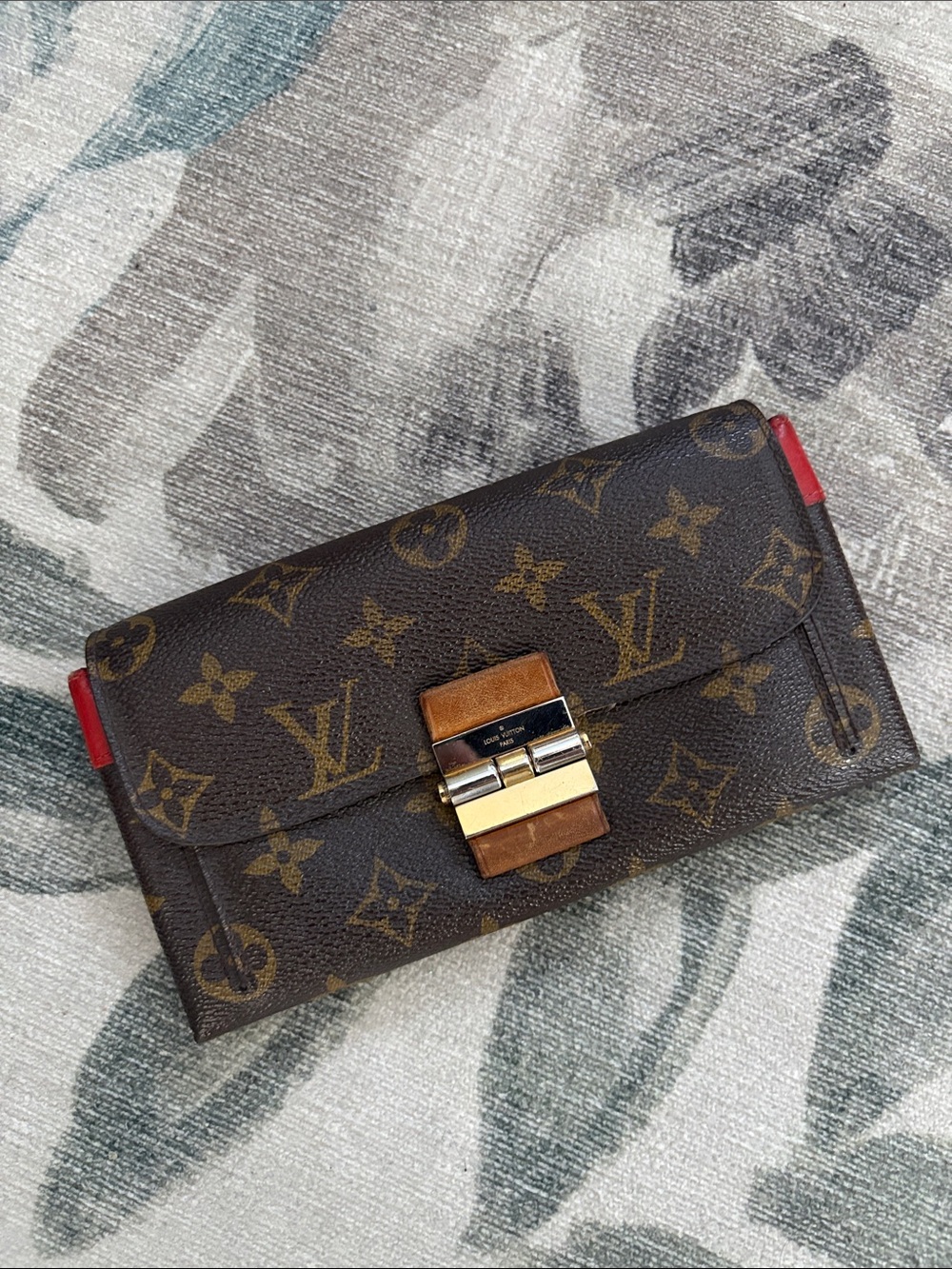 Louis Vuitton Brown Monogram Canvas Wallet with Red Trim and Gold Hardware